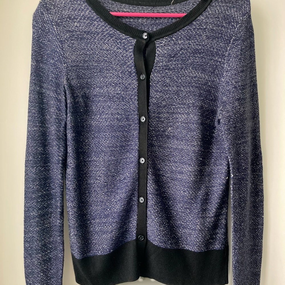 Loft Metallic Navy Blue Crew Neck Button Front Cardigan Size Small